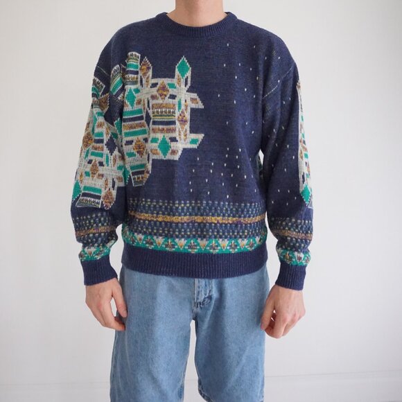 VTG '80s Koman Blue Green Biggie Cosby Eclectic Grandpa Crewneck Knit Sweater XL - Picture 1 of 10